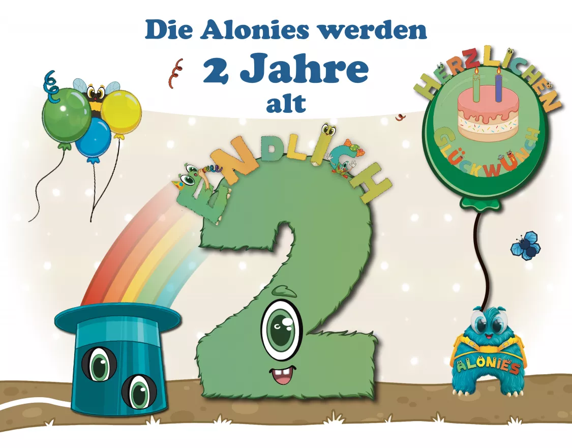 Die Alonies feiern 2 Jahre Geburtstag – Illustration mit bunten Figuren, Lernmaterialien für Vorschule und Kindergarten, selbstständiges und spielerisches Lernen mit den Quiz-Kids-Büchern