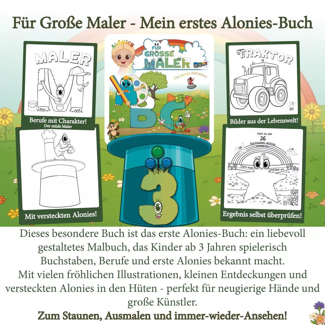 Malbuch ab 3 Jahren mit Aloni-Buchstaben, Berufen, Lebenswelt-Illustrationen und versteckten Hüten – zum Ausmalen, Staunen und spielerischen ABC-Lernen.