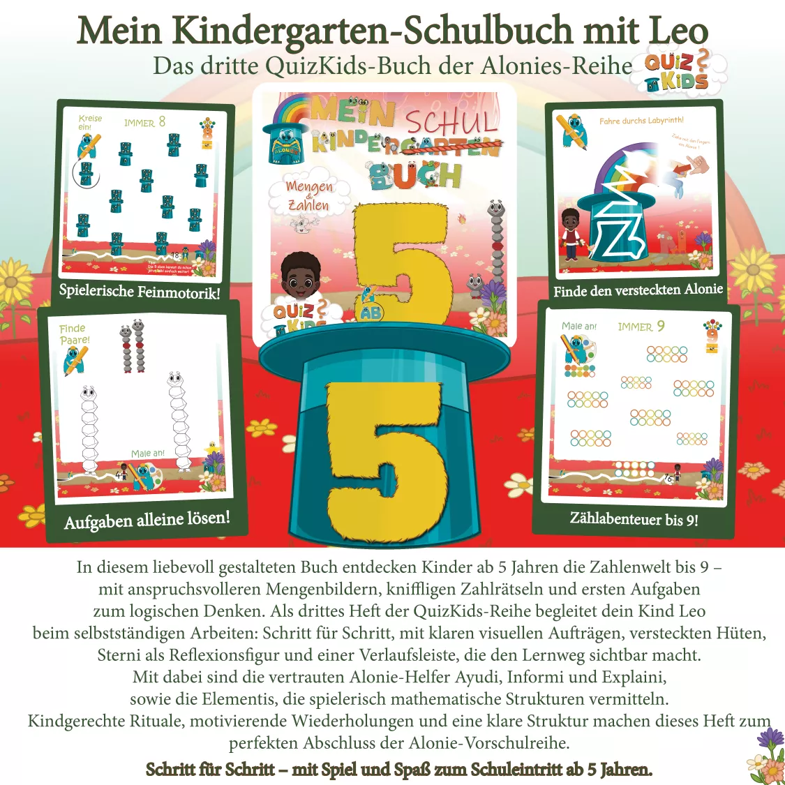 Vorschulbuch ab 5 Jahren mit Zahlenraum bis 9, enger Verlaufsleiste, Lufti als Lernfigur und Aufgaben zum Planen, Vergleichen und selbstständigen Arbeiten.