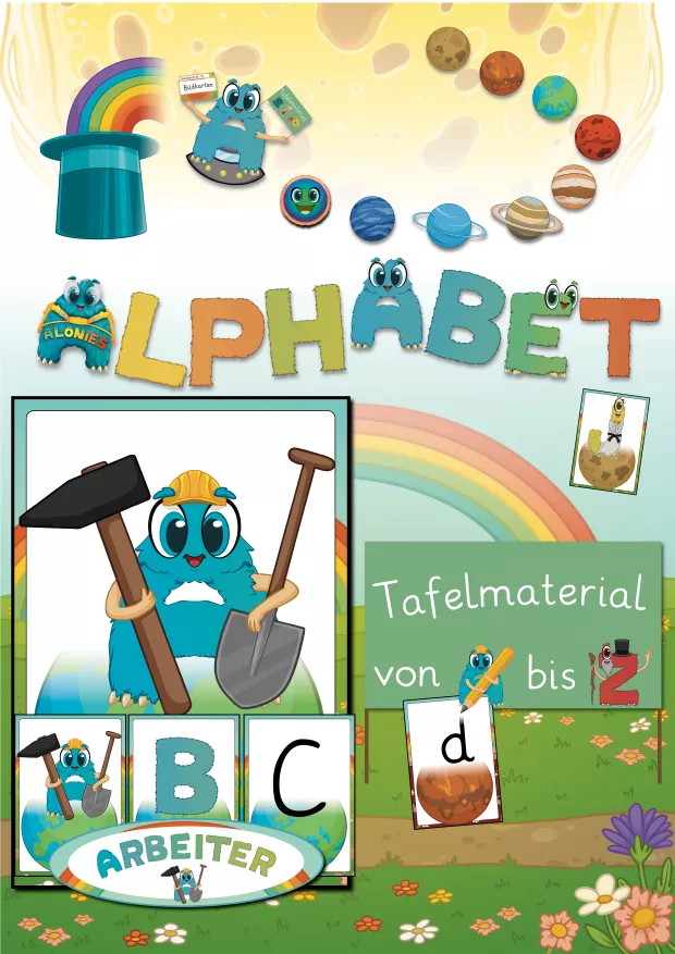 Das Alonies-Alphabet zeigt bunte Buchstaben von A bis Z im Farbverlauf von Blau bis Rot. Mit Charakterfiguren, Fellbuchstaben und robustem Tafelkartenmaterial unterstützt es Kinder im Kindergarten, in der Vorschule und im Förderunterricht beim spielerischen Buchstabenlernen.