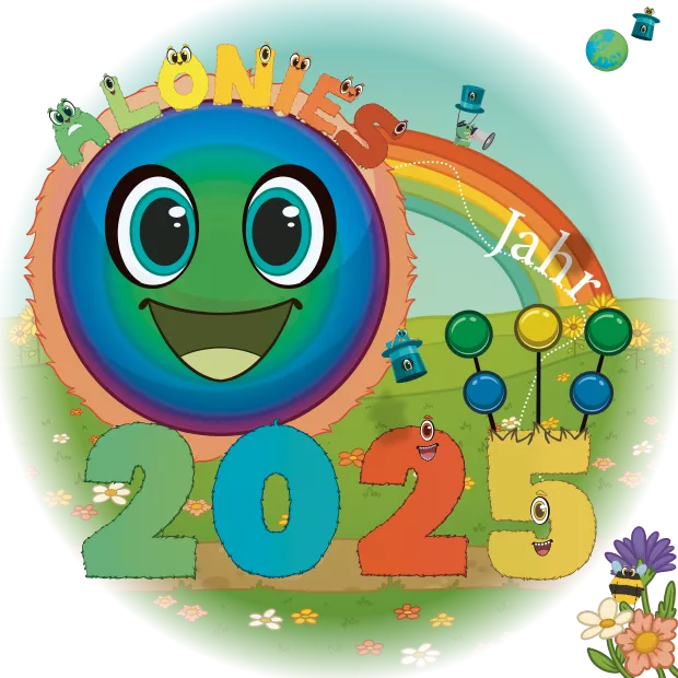 Vom Planet Alonia im Jahr 2025: Die Alonies blicken auf ein bewegtes Jahr voller Meilensteine zurück. Rund um den Planeten sind Bücher, Lernmaterialien und kleine Details aus der Alonis-Welt zu sehen, die das Wachstum und die Entwicklung der Alonis symbolisieren. Liebevoll illustriert von Jasmin Noetzel steht die Szene für ein Jahr voller Ideen, Bücher, Lernfreude und neuer Wege.