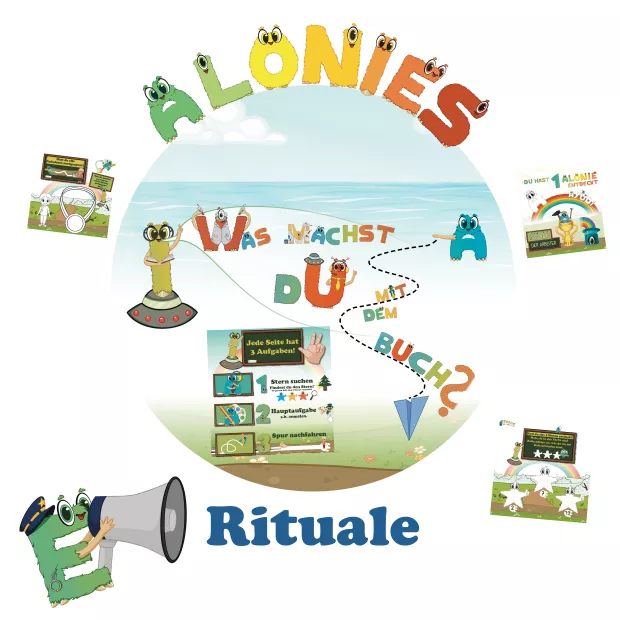 Ein Kind blättert im Alonies-Heft und folgt konzentriert der Verlaufsspur mit dem Stift. Auf der Seite sind Ayudi, Informie und Explainie zu sehen, drei Sterne, ein versteckter Hut und die Medaille am Ende des Buches. Das Bild zeigt typische Alonies-Rituale: Sternsuche, Nachspuren, versteckte Alonis im Hut und das Anmalen der Medaille – kindgerechtes Lernen mit Struktur, Freude und Selbstständigkeit.