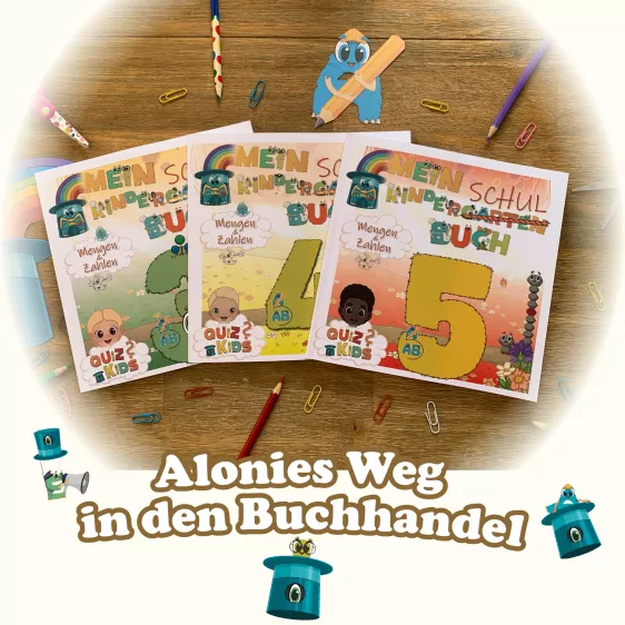 Quadratisches Bild mit dem Schriftzug ‚Auf dem Weg in den Buchhandel – Schritt für Schritt mit Spiel und Spaß‘. Zu sehen sind mehrere bunte Alonies-Kinderbücher, die nebeneinander ausliegen, teils aufgefächert. Daneben ein gezeichneter Zylinderhut als Symbol der Alonies. Das Bild steht sinnbildlich für den Start der Bücher in den stationären Verkauf. Es zeigt, dass die Alonies nicht nur online erhältlich sind, sondern nun auch den Weg in lokale Buchhandlungen wie die Buchhandlung Mai in Heppenheim antreten.