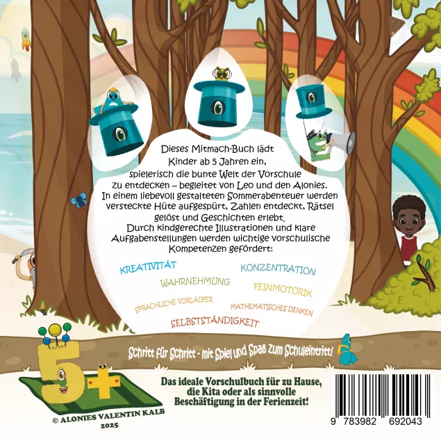 Die Rückseite des Vorschulbuchs „Hallo Sommer“ zeigt alle wichtigen Informationen auf einen Blick: Das Mitmachbuch lädt Kinder ab 5 Jahren dazu ein, gemeinsam mit den Alonies sommerliche Lernabenteuer zu erleben. Klare Aufgabenstellungen, liebevolle Illustrationen und motivierende Rätsel fördern spielerisch Konzentration, Wahrnehmung, Feinmotorik und mathematische Grundlagen. Ob Sternensuche, Zählaufgaben oder kreative Aufgaben – das Buch stärkt Selbstständigkeit, kindliches Entdecken und wichtige vorschulische Kompetenzen. Ideal zur Vorbereitung auf die Schule.