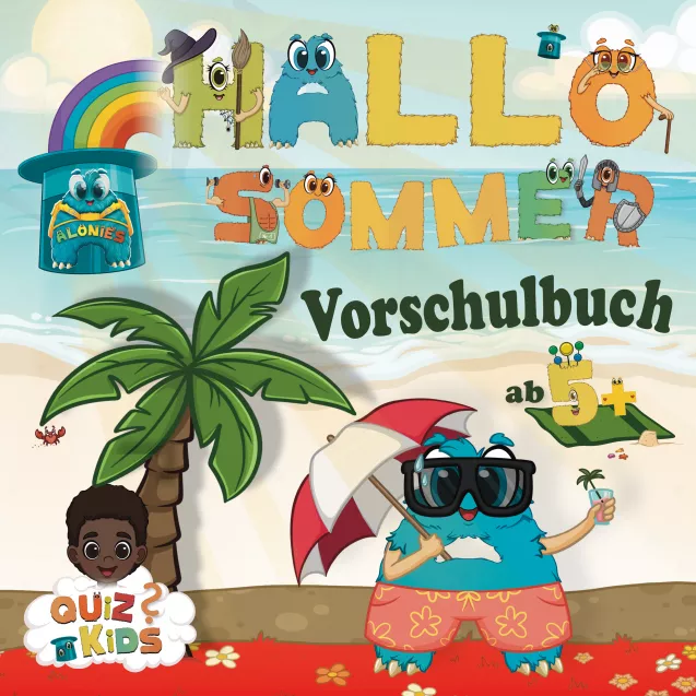 Cover des Vorschulbuchs ‚Hallo Sommer‘ für Kinder ab 5 Jahren mit Leo am Strand, liebevoll illustriert, mit Sternsymbolen, Verlaufsspuren und Alonies-Design – ideal für selbstständiges Lernen in der Vorschule