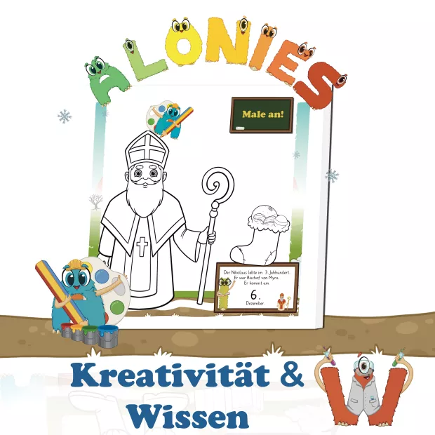 Farbkräftige Aloni-Illustration, die zeigt, wie Kinder kreativ lernen: Ayudi gibt eine Aufgabe vor, während ein Kind frei malt, Sterne sucht und Linien nachspurt. Das Motiv verbindet Kreativität, Farben, vorschulisches Wissen und selbstständiges Arbeiten – typisch für die Alonies und die Quiz-Kids-Bücher.