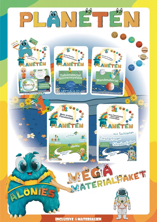 Fünf Coverbilder der Alonies-Planetenmaterialien: Mein erstes Planetenheft, das Planetenheft zum Lesen und Schreiben, das Tafelmaterial Sonnensystem, die Flashcards mit Planetenfakten und das Wandmaterial zum Ausmalen. Das kostenlose Freebie mit der Planeten-Umlaufbahn ist ebenfalls Teil des Pakets, aber nicht auf dem Bild zu sehen.
