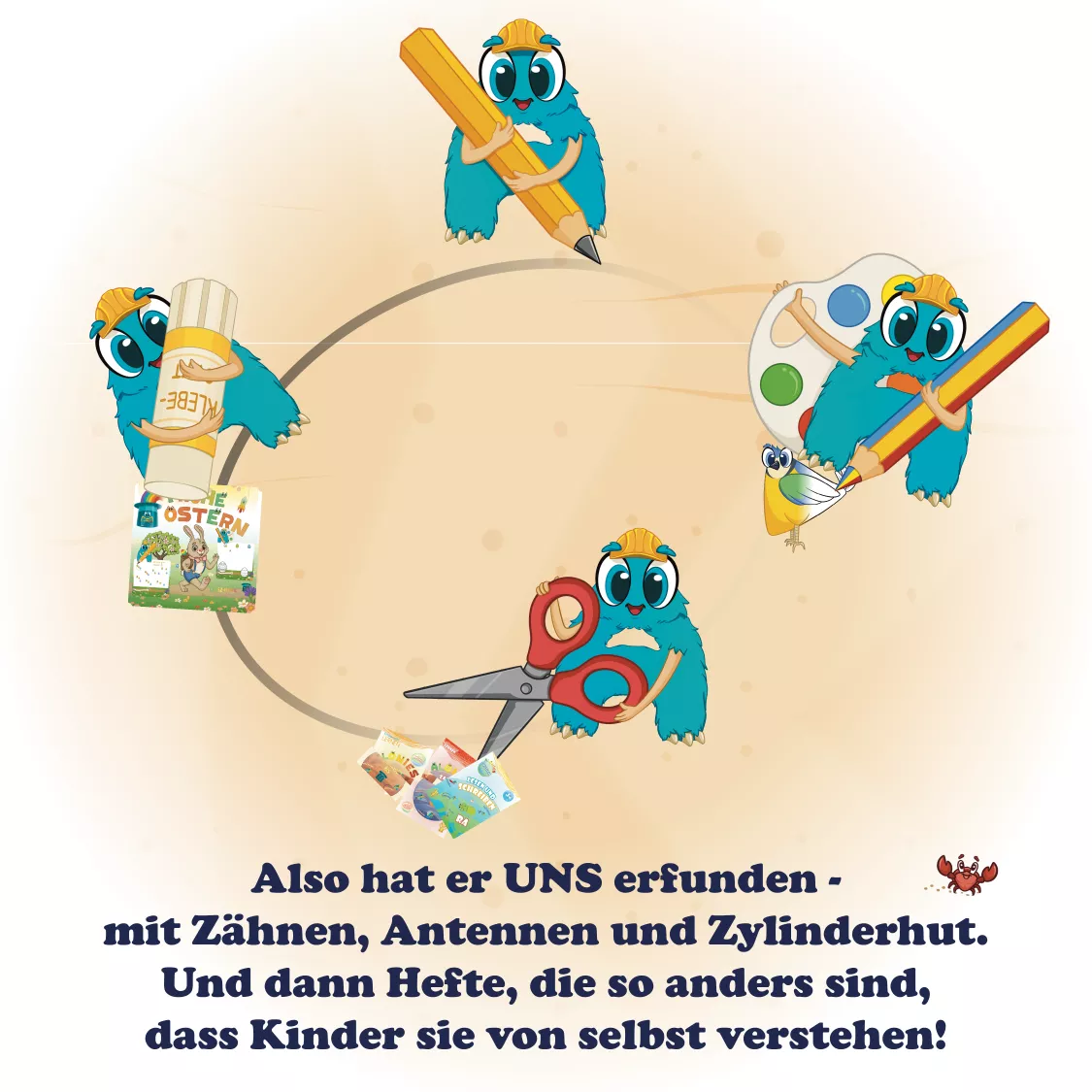 Mehrere Alonies zeigen Aufgaben und Werkzeuge im Kreis. Das Bild veranschaulicht, wie die Alonies als Figuren entstanden und warum sie Hefte begleiten, die Kinder alleine verstehen können – visuell, strukturiert und altersgerecht. Mehrere Alonies zeigen Aufgaben und Werkzeuge im Kreis. Das Bild veranschaulicht, wie die Alonies als Figuren entstanden und warum sie Hefte begleiten, die Kinder alleine verstehen können – visuell, strukturiert und altersgerecht.