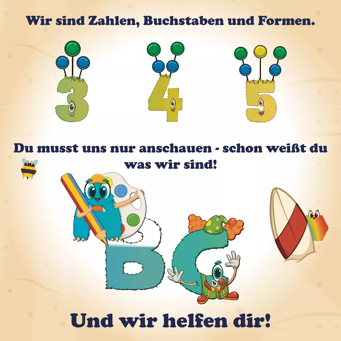 Alonies in Form der Zahlen 3, 4, 5 und Buchstaben A, B, C – alle mit eindeutigen visuellen Merkmalen. Das Bild zeigt, wie Kinder durch Figurengestaltung Inhalte intuitiv erfassen und visuell zuordnen lernen. Alonies in Form der Zahlen 3, 4, 5 und Buchstaben A, B, C – alle mit eindeutigen visuellen Merkmalen. Das Bild zeigt, wie Kinder durch Figurengestaltung Inhalte intuitiv erfassen und visuell zuordnen lernen.