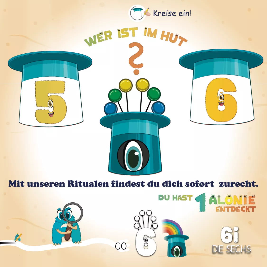 Ein Hut mit versteckten Alonies, Zahlen und Verlaufsleisten mit Fußspuren. Das Bild veranschaulicht die wiederkehrenden Lernrituale in den Heften, die Kindern helfen, sich sicher und selbstständig im Material zurechtzufinden. Ein Hut mit versteckten Alonies, Zahlen und Verlaufsleisten mit Fußspuren. Das Bild veranschaulicht die wiederkehrenden Lernrituale in den Heften, die Kindern helfen, sich sicher und selbstständig im Material zurechtzufinden.