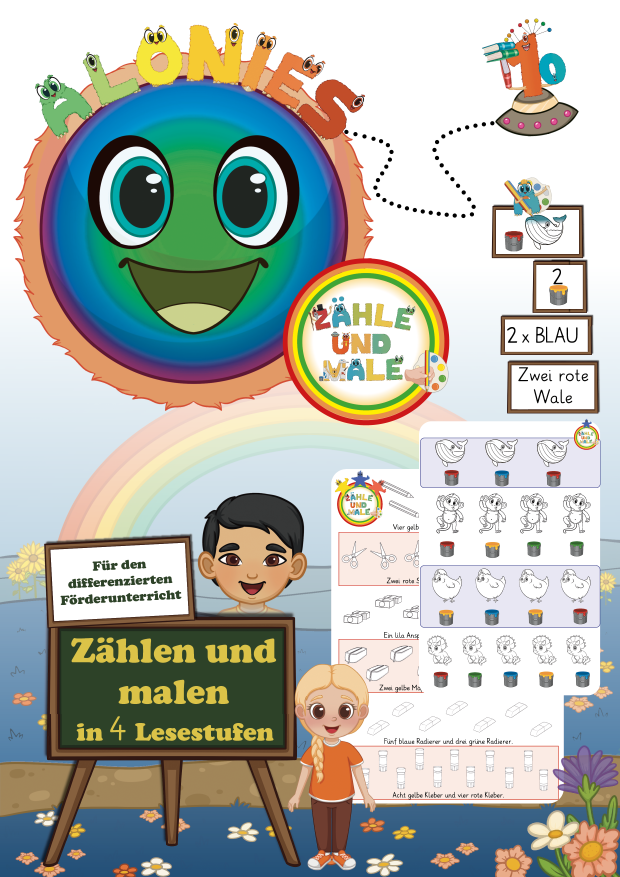 Cover des Alonies-Lernmaterials ›Zählen und Malen in vier Lesestufen‹. Zu sehen sind bunte Aloni-Figuren, Farbtöpfe und liebevoll illustrierte Tiere wie Wal, Dino, Affe und Küken. Das Cover zeigt, dass Kinder je nach Lesestufe Symbole, Zahlen, Wörter oder Sätze lesen und anschließend passende Bilder ausmalen. Das Material ist für Vorschule, Grundschule und Förderunterricht gedacht und fördert Lesesinnentnahme, Farben und Mengen, Feinmotorik und selbstständiges Lernen