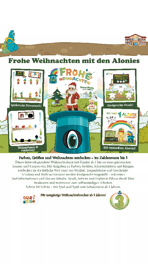 Cover des Vorschulbuchs „Frohe Weihnachten mit den Alonies“ – Lernspaß für Kinder ab 3 Jahren mit Lucia, Ayudi und winterlichen Aufgaben rund um Zahlen, Farben und Sterne. Spielerisches und selbstständiges Lernen in der Weihnachtszeit.