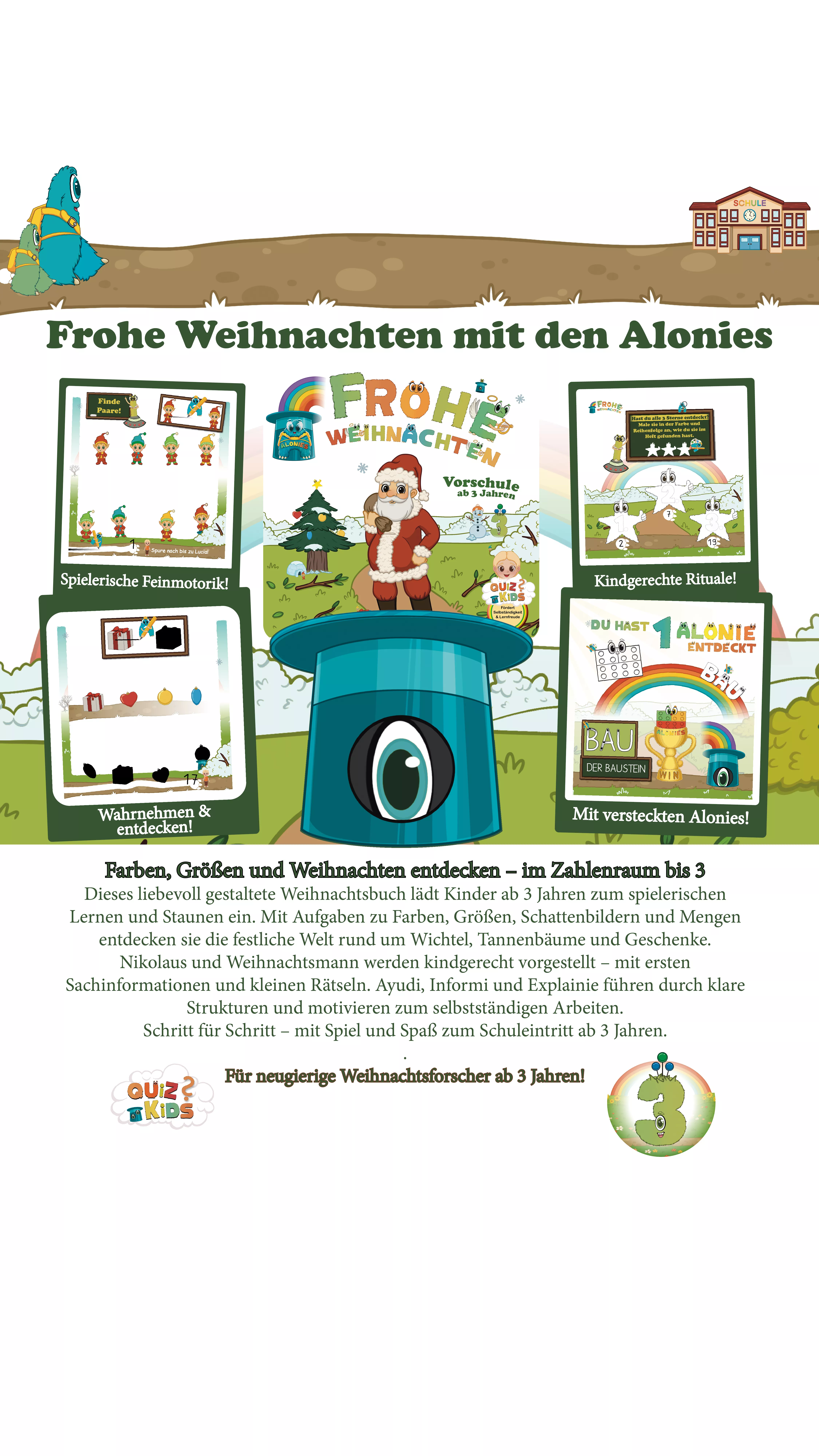 Cover des Vorschulbuchs „Frohe Weihnachten mit den Alonies“ – Lernspaß für Kinder ab 3 Jahren mit Lucia, Ayudi und winterlichen Aufgaben rund um Zahlen, Farben und Sterne. Spielerisches und selbstständiges Lernen in der Weihnachtszeit. Cover des Vorschulbuchs „Frohe Weihnachten mit den Alonies“ – Lernspaß für Kinder ab 3 Jahren mit Lucia, Ayudi und winterlichen Aufgaben rund um Zahlen, Farben und Sterne. Spielerisches und selbstständiges Lernen in der Weihnachtszeit.