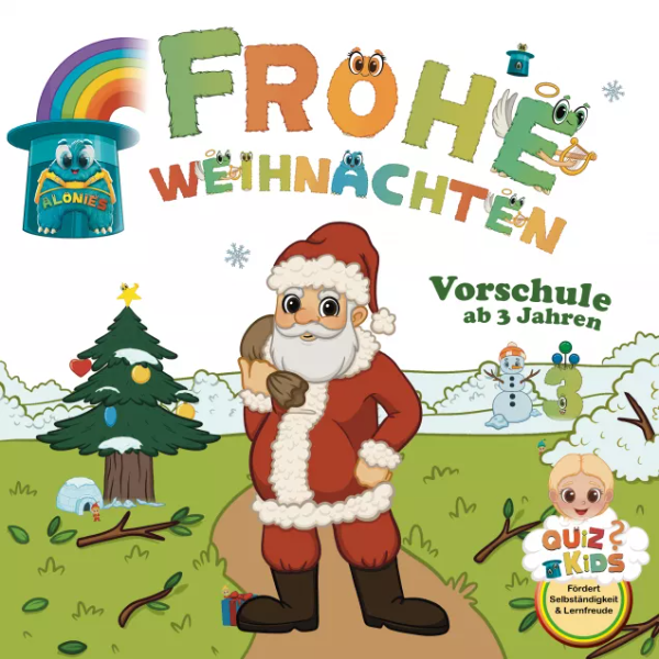 Frohes Weihnachten-Buch mit den Alonies – ein Quiz-Kids-Vorschulbuch für Kindergarten und Vorschule. Kinder erleben mit Nikolaus und Weihnachtsmann ein fröhliches Weihnachtsabenteuer, entdecken spielerische Aufgaben mit Verlaufsleisten zum Nachspuren und üben Feinmotorik, Wahrnehmung, Mengen und Zahlen. Kategorien bilden, Reihen fortsetzen, Buchstaben und Anlaute erkennen – kindgerechte vorschulische Kompetenzen fördern Selbstständigkeit, Lernfreude und eine liebevolle Schulvorbereitung.