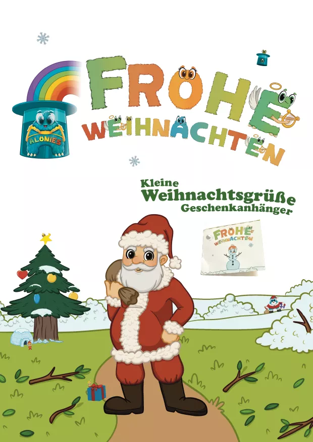 Weihnachtliche Geschenkanhänger mit der Aufschrift „Frohe Weihnachten“, befestigt an einer durchsichtigen Plätzchentüte. Die kleinen Weihnachtsgrüße sind liebevoll illustriert und eignen sich als persönlicher Geschenkanhänger für Weihnachtsgeschenke an Kinder, Eltern, Großeltern, Freunde oder Kolleg:innen. Das Bild zeigt eine warme, gemütliche Weihnachtsatmosphäre mit Dekoration im Hintergrund und verdeutlicht, wie einfach die Anhänger ausgedruckt, beschriftet und an Geschenken befestigt werden können.