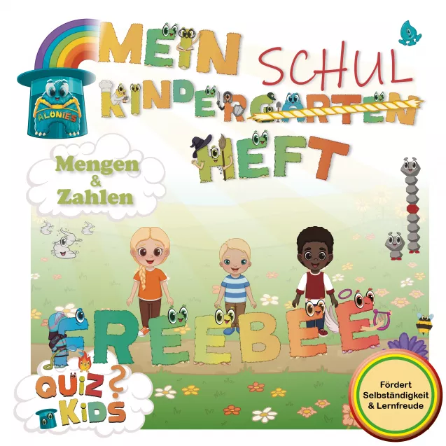 Cover des kostenlosen Vorschulhefts „Kindergarten-Schulheft mit den Alonies“ – mit Ayudi, Verlaufsspuren und dem Slogan „Schritt für Schritt – mit Spiel und Spaß zum Schuleintritt“. Das Heft richtet sich an Kinder ab 3 Jahren und zeigt drei klar strukturierte Aufgaben pro Seite. Spielerisches Lernen, Selbstständigkeit und visuelle Rituale stehen im Mittelpunkt.
