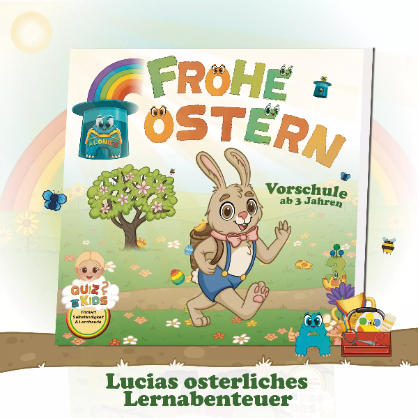Cover des Vorschulbuchs „Lucias österliches Lernabenteuer – Frohe Ostern mit den Alonies“ mit Osterhase und Lucia im Frühling. Spielerisches Lernen trifft auf erste Selbstständigkeit – ein fröhliches Vorschulbuch voller Farben, Mengen und Lernfreude.