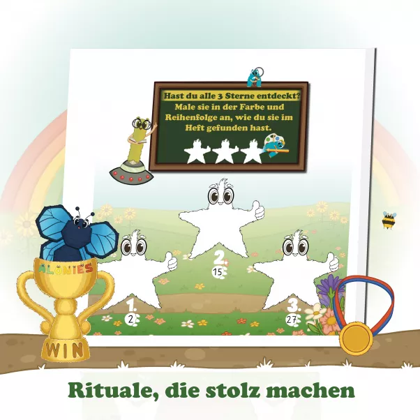 Drei Sterne werden in der entdeckten Reihenfolge und passenden Farben angemalt – Juri zeigt, wie es geht. Das fördert Seriation, Reihenbildung, mathematische Vorläuferfähigkeiten, Fantasie und kindliche Selbstreflexion. Spielerisches Lernen mit Struktur und Motivation durch visuelle Rituale – ideal für Vorschule, Kindergarten und den Förderunterricht.