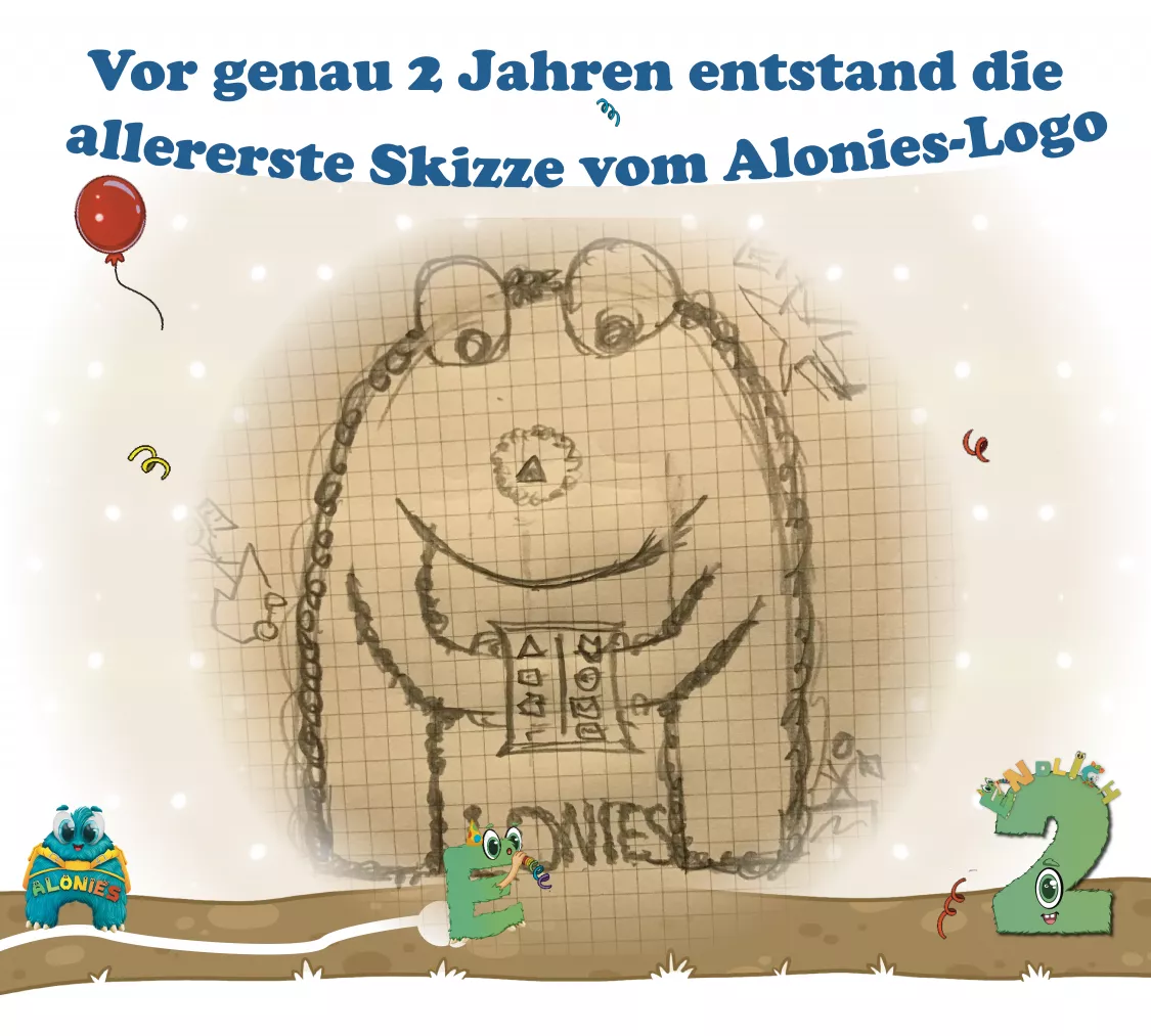 Vor 2 Jahren entstand die erste Skizze des Aloni-Logos – der Start der Alonies, die heute mit Büchern und Lernmaterialien Vorschulkinder beim spielerischen Lernen begleiten