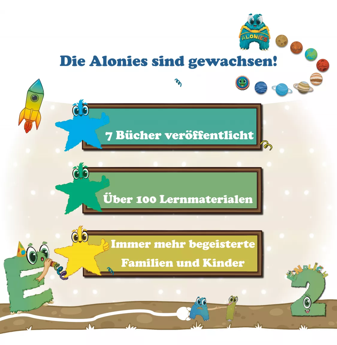 Die Alonies sind gewachsen: 7 veröffentlichte Bücher, über 100 Lernmaterialien und immer mehr Familien und Kinder, die mit den Alonies spielerisch und selbstständig lernen