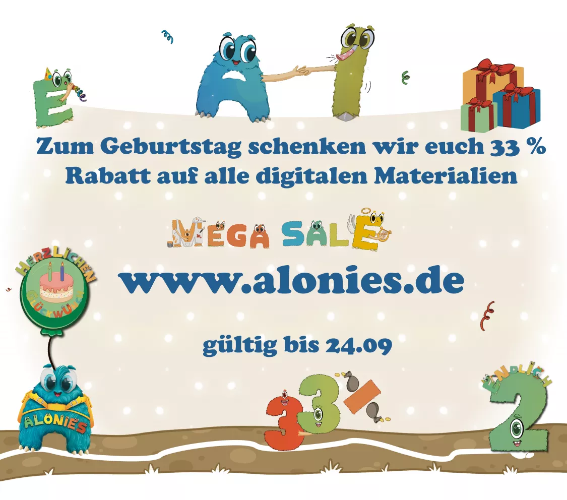 2 Jahre Alonies Jubiläum 🎉 – feiert mit uns und spart 33 % auf alle digitalen Lernmaterialien für Vorschule, Kindergarten und Quiz-Kids