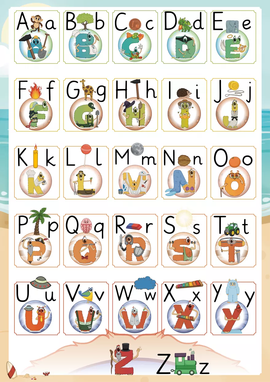 Alonies Alphabet-Plakat im DIN-A3-Format: alle Buchstaben von A bis Z als liebevoll illustrierte Figuren – von Arbeiter bis Zauberer. Spielerisches Buchstabenlernen für Vorschule und Kindergarten