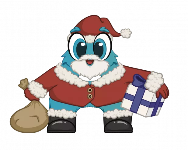 Weihnachtliche Alonies-Figur Ayudi mit roter Weihnachtsmütze und Mantel, freundlich lächelnd, mit einem Geschenksack in der einen Hand und einem Geschenk in der anderen. Ayudi steht als zentraler Charakter der Alonies vor einem weichen, weihnachtlichen Hintergrund und begrüßt Familien und Kinder mit der Botschaft „Frohe Weihnachten von den Alonies“. Die Figur symbolisiert spielerisches Lernen, Wertschätzung und ein kostenloses Weihnachtsgeschenk für Kinder ab 3 Jahren auf der Alonies-Homepage.