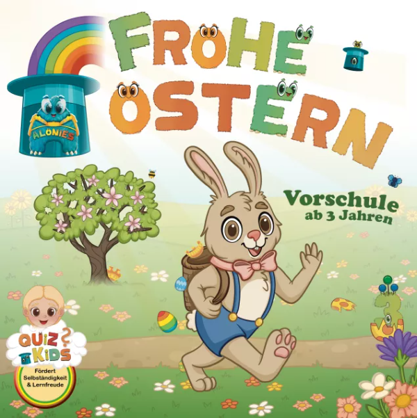 Frohes Osterbuch mit den Alonies – das erste Jahreszeiten- und Quiz-Kids-Buch für Kinder im Kindergarten und Vorschule. Gemeinsam mit dem Osterhasen gehen Kinder auf Entdeckungsreise, erleben spielerische Lernabenteuer und trainieren wichtige vorschulische Kompetenzen. Mengen und Zahlen, mathematische Vorläuferfähigkeiten, Wahrnehmung, Konzentration, Feinmotorik und Kategorien werden kindgerecht gefördert – ideal zur Schulvorbereitung und für selbstständiges Lernen ab 3 Jahren.