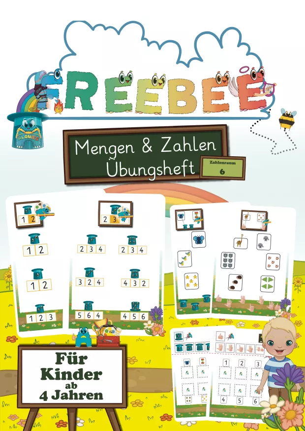 Cover des Alonies Mengenzahlen-Übungshefts im Frühlingsdesign für Kinder ab 4 Jahren. Das Übungsheft fördert die Zahl-Mengen-Verknüpfung im Zahlenraum bis 6 und zeigt Ayudi, der mit kindgerechten, handgezeichneten Illustrationen spielerisch durch die Aufgaben führt. Ideal für Kindergarten, Vorschule und den frühen Anfangsunterricht.