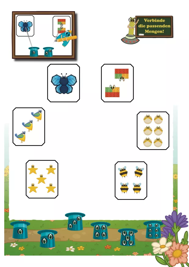 Beispielseite aus dem Alonies Mengenzahlen-Übungsheft. Kinder verbinden passende Mengen miteinander. Informie markiert den Arbeitsauftrag zum Vorlesen, während Ayudi die Aufgabe visuell vormacht. So verstehen Kinder auch ohne Lesen, was zu tun ist, und können selbstständig an der Zahl-Mengen-Verknüpfung arbeiten.