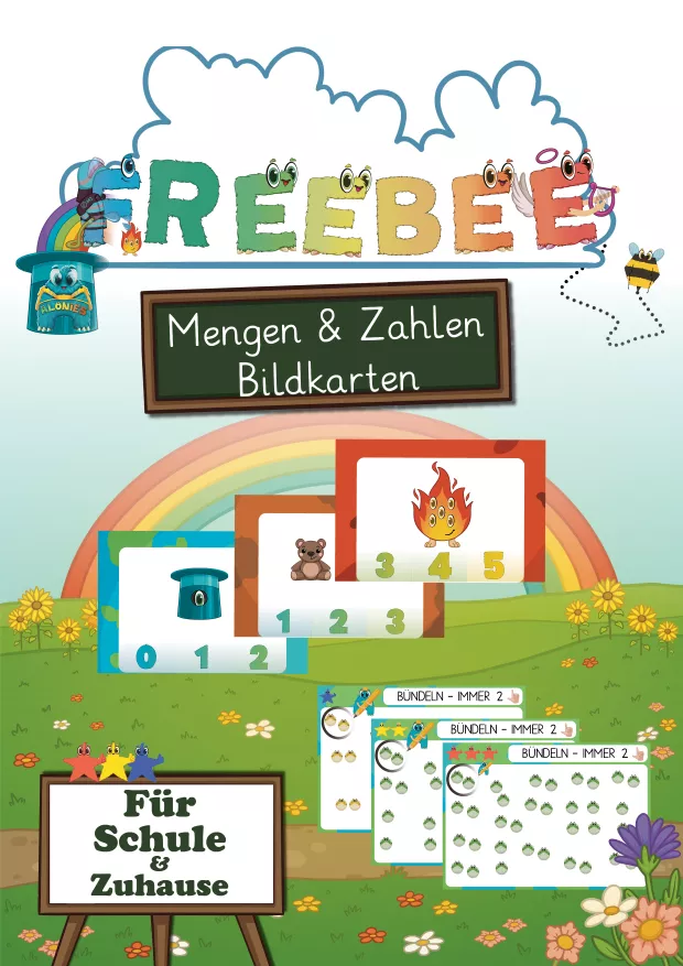 Cover des kostenlosen Alonies-Freebies mit Mengen- und Zahlenkarten zum Laminieren. Das Material zeigt kindgerechte Bündel- und Klammerkarten zur Förderung von Mengenverständnis, Zahl-Mengen-Zuordnung und Zählen im Zahlenraum 2 bis 10. Geeignet für Kindergarten, Vorschule, Förderunterricht und Anfangsunterricht in der Grundschule.