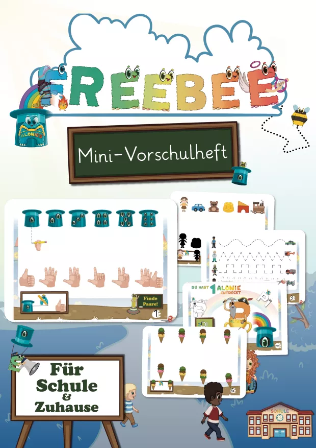Kostenloses Mini-Vorschulheft der Alonies für Kinder ab 4 Jahren – Zahlen 1 bis 10, Mengen erkennen, visuelle Wahrnehmung, Feinmotorik und spielerisches Lernen mit verstecktem Aloni.