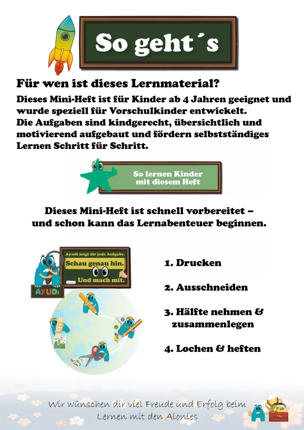 Mini-Vorschulheft ab vier Jahren mit einfacher Schritt-für-Schritt-Anleitung. Drucken, ausschneiden, falten und loslegen. Visuelle Hinweise fördern selbstständiges Lernen in der Vorschule.