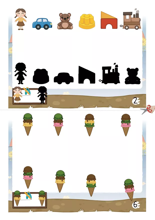 Vorschulaufgaben zur visuellen Wahrnehmung für Kinder ab vier Jahren. Schattenbilder vergleichen, Reihen fortsetzen und genaues Hinsehen spielerisch üben.