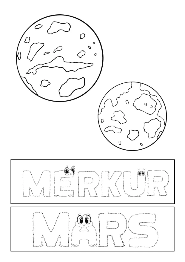 Ausmalbild des Planeten Merkur und Mars mit dekorativem Namenszug in Alonies-Schrift – für Unterricht und Wandgestaltung