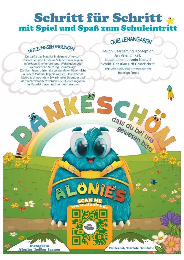 Abschiedsseite mit Dankeschön, QR-Code, Alonies-Kanälen und dem Satz: Schritt für Schritt mit Spiel und Spaß zum Schuleintritt