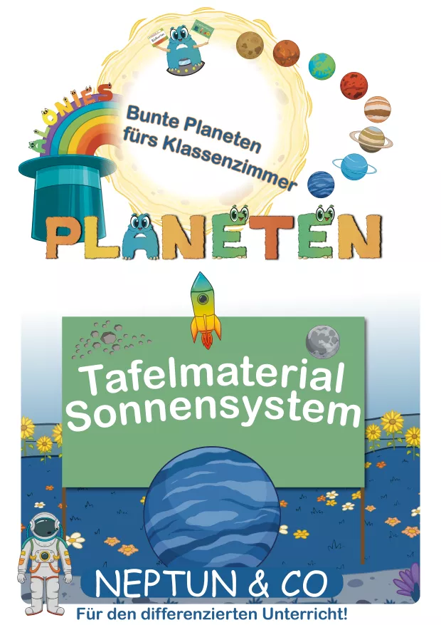 Coverbild – Tafelmaterial Sonnensystem Neptun & Co.
Tafelmaterial zum Thema Sonnensystem mit bunten Planeten für den Wochenplan, ideal für Sachunterricht in Grundschule, Förderunterricht oder inklusive Settings. Spielerisches Lernen mit den Alonies rund um Sonne, Mond und Planeten.