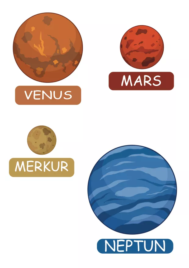 Bild mit Venus, Mars, Merkur und Neptun + farbcodierte Wortkarten
Kindgerechtes Tafelmaterial mit den Planeten Venus, Mars, Merkur und Neptun. Dank farbcodierter Wortkarten können auch Kinder ohne Lesekenntnisse die Namen zuordnen. Perfekt für differenzierten Unterricht und frühe Astronomie-Einheiten.