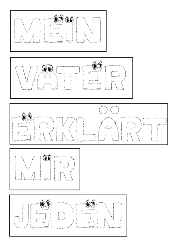 Ausmalbild mit dem Merksatz ‚Mein Vater erklärt mir jeden Sonntag unseren Nachthimmel‘ in kindgerechter Alonies-Schrift. Ideal zum spielerischen Buchstabenlernen und zum Einprägen der Planetenreihenfolge im Sachunterricht, speziell für Förderunterricht, Vorschule und Grundschule.