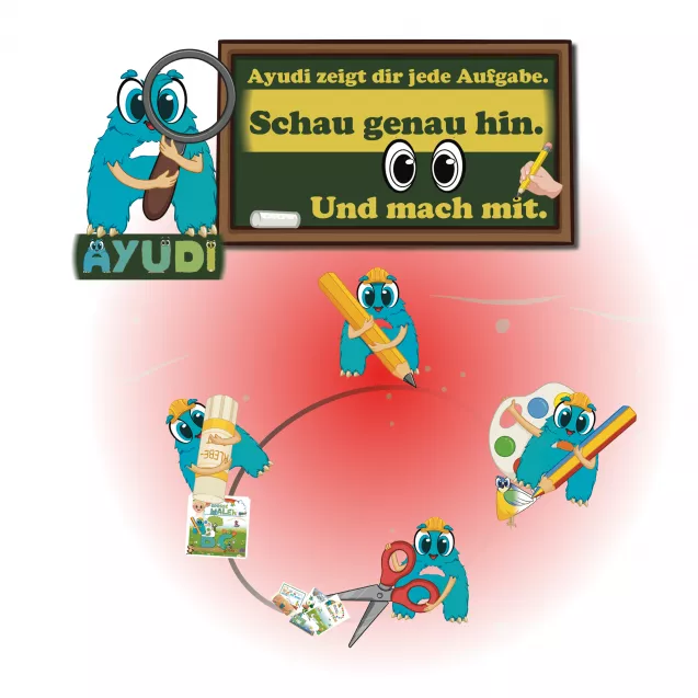 Ajudi demonstriert mit Schere, Stift, Kleber und Buntstift, was gebraucht wird. Diese visuelle Anleitung stärkt Handlungskompetenz, Materialeinschätzung und eigenständiges Lernen im Vorschulalter.