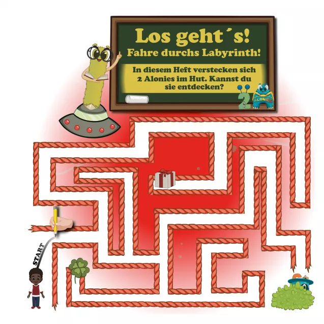 Einführungsseite aus „Leos erstes Abenteuer“ – Kinder fahren mit dem Stift eine Spur durch das Labyrinth nach und entdecken dabei ein vierblättriges Kleeblatt und ein Geschenk. Perfekt für den Einstieg ins Buch: „Los geht’s!“ – motivierender Auftakt für Vorschulkinder ab 5 Jahren. Fördert Feinmotorik, visuelle Wahrnehmung und erstes selbstständiges Arbeiten mit den Alonies.