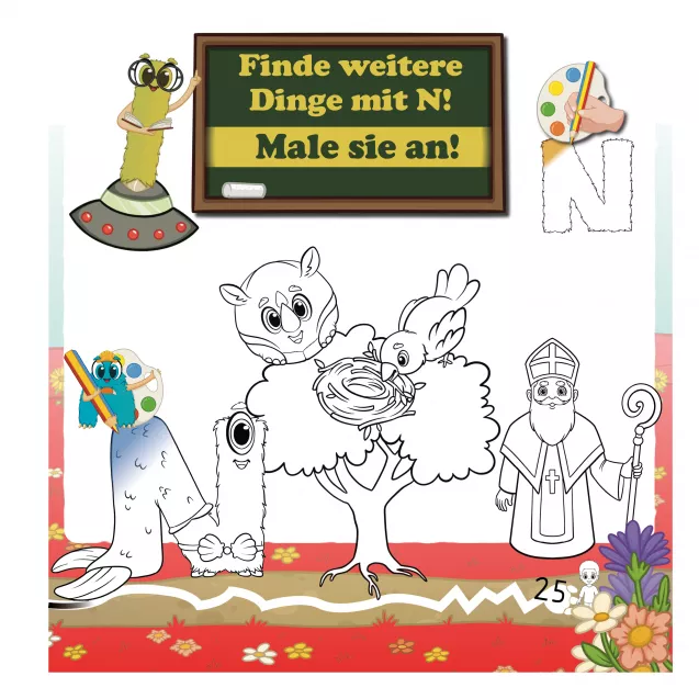 Seite aus dem Alonies-Vorschulheft zur Förderung der phonologischen Bewusstheit: Kinder entdecken den Anlaut N wie Nikolaus, Nashorn oder Nest. Fördert das Erkennen von Anfangsbuchstaben, Lautbewusstheit und sprachliche Vorläuferfähigkeiten im Kindergarten und Vorschulunterricht.