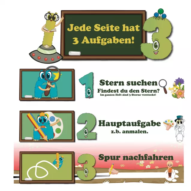  Ayudi zeigt seine Werkzeuge – So arbeitest du im Vorschulheft
Ayudi demonstriert mit Schere, Kleber, Bleistift, Buntstift und Lupe, was gebraucht wird. Diese visuelle Handlungshilfe fördert Selbstständigkeit und hilft Kindern, sich im Heft zu orientieren.