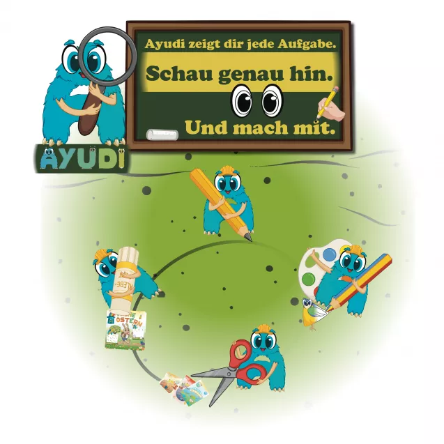 Ayudi erklärt mit Bildsymbolen, wie Aufgaben gelöst werden: mit Schere, Kleber, Stift und Buntstift. Diese visuelle Anleitung hilft Kindern, selbstständig Materialien bereitzulegen – ein zentraler Baustein im Alonies-Prinzip für Selbstständigkeit im Kindergarten.