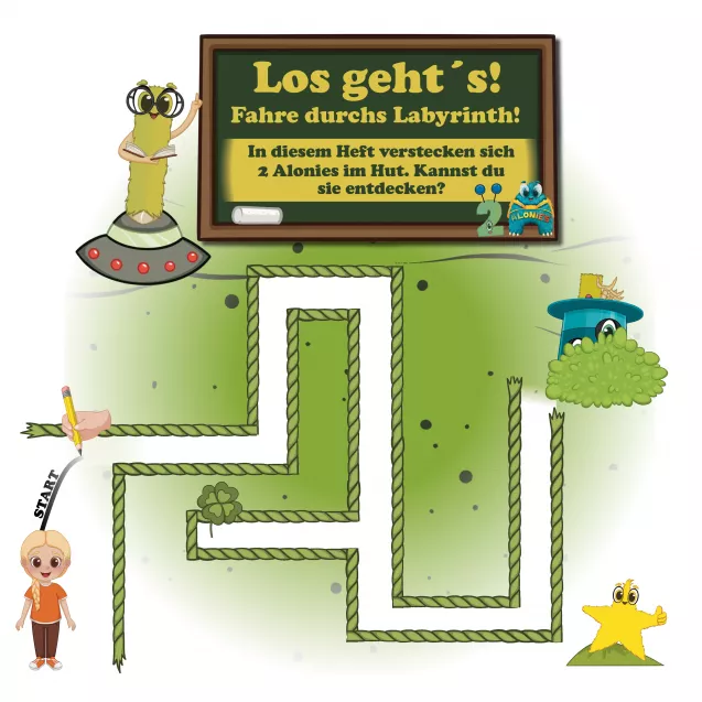  Labyrinth mit Lucia – Abenteuerstart & Feinmotoriktraining
Lucia steht am Beginn ihres Abenteuers: Mit dem Stift geht es durch ein verwinkeltes Labyrinth – vorbei am versteckten Stern und zwei gut getarnten Alonies. Die Kinder trainieren ihre Feinmotorik, schärfen ihre visuelle Wahrnehmung und werden spielerisch in das Abenteuer eingeführt. Perfekt für den Vorschulbereich zur Förderung von Konzentration und Entdeckerfreude.

