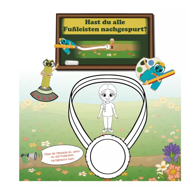 Diese Seite belohnt die Kinder für das konsequente Nachspuren der Verlaufsleiste. Wer alle Fußspuren gemeistert hat, darf eine Medaille anmalen. Das fördert Motivation, Selbstwirksamkeit und feinmotorische Ausdauer auf kindgerechte Weise.

