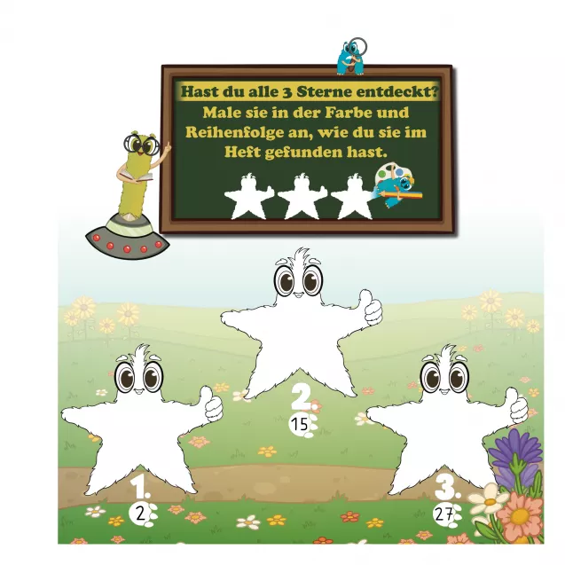Kinder malen hier drei Sterne in der Reihenfolge an, wie sie sie im Buch entdeckt haben. Diese Seite schult logisches Denken, Reihenfolgen und wichtige Vorläuferfähigkeiten für Mathematik – eingebettet in ein motivierendes Lernritual.