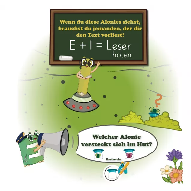 Informi & Explaini – Hier brauchst du Hilfe von einem Erwachsenen
Diese Seite erklärt mithilfe der Alonies Informi und Explaini, wann ein Vorleser gebraucht wird. Eine klare visuelle Hilfe zur Einbindung von Eltern oder Erziehern – zentraler Bestandteil der Vorschularbeit mit digitalen Heften.