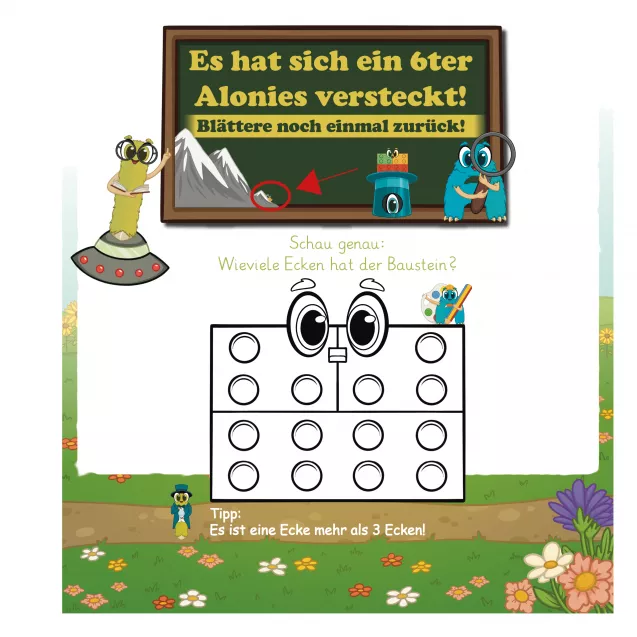 Ein kindgerechtes Labyrinth mit Lucia als Einstieg ins Abenteuer: Die Kinder folgen der Spur durch das Labyrinth, entdecken zwei versteckte Hüte und begegnen dabei zwei Alonis. Fördert Feinmotorik, visuelle Wahrnehmung und Abenteuerlust. Ideal für Vorschule, Kindergarten und selbstständiges Lernen mit den Alonies.