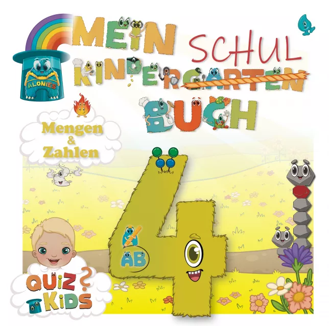 Das Cover zeigt Finn mit der Zahl 4 als Alonie-Figur, inklusive Antennen und Zähnen. Für Kinder ab 4 Jahren konzipiert, begleitet dieses Vorschulbuch die Kinder durch spielerisches Zahlenlernen, Mengenerfassung und interaktive Rätsel im Zahlenraum bis 6 – mit den Alonies und den vier Elementarwesen.